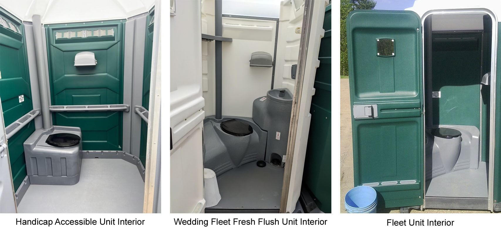 Three portable toilets in a row